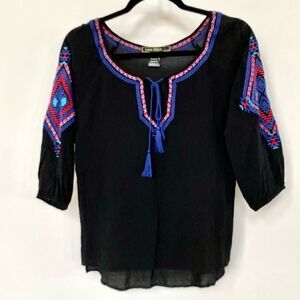 Love Stitch Black Boho Embroidered Blouse Top Shirt, Size S